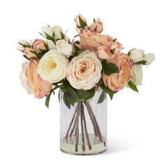 Pink & White Austin Rose in Glass Vase W/ Faux Water