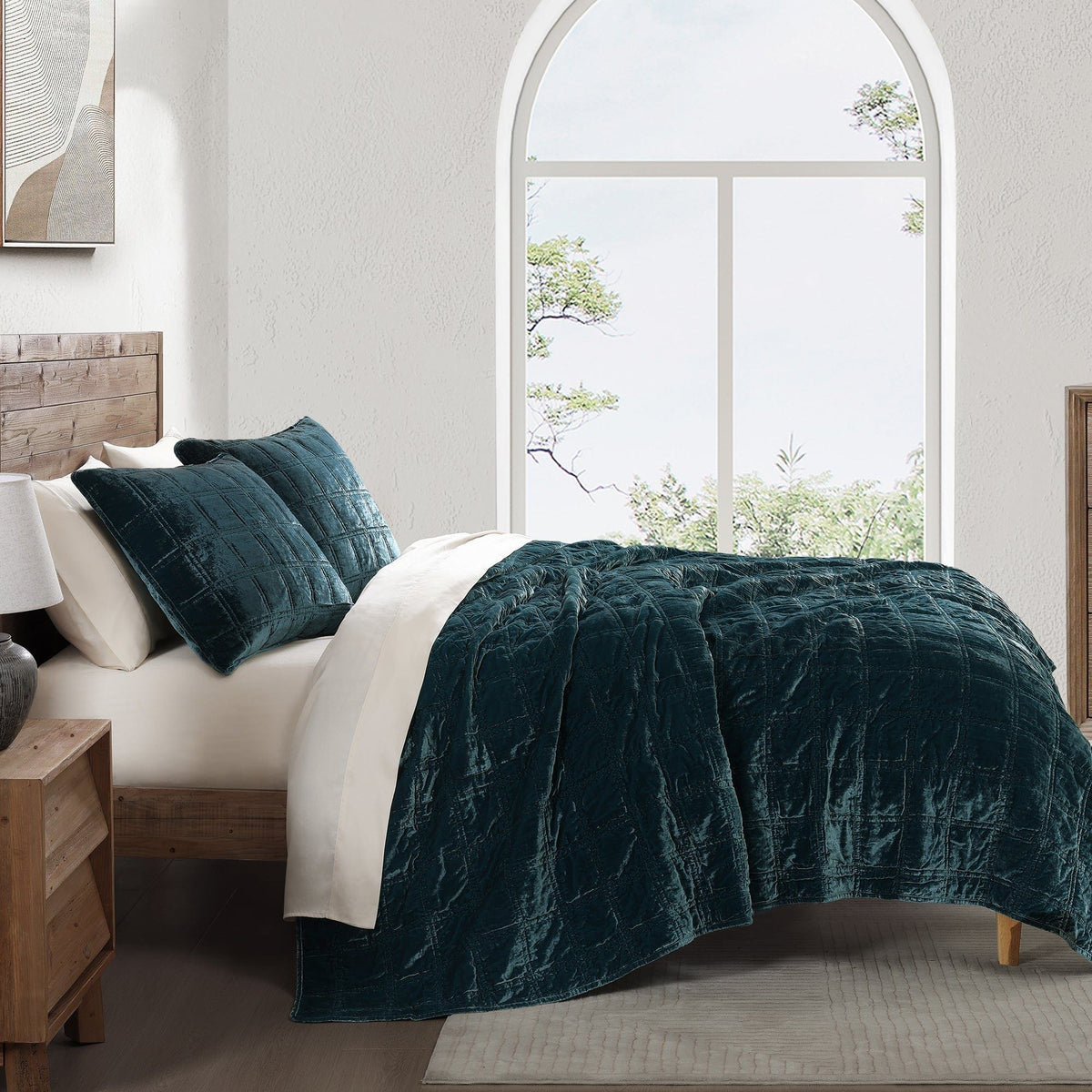 Stella Faux Silk Double Box Stitch Quilt Set, Queen, Teal, 3PC