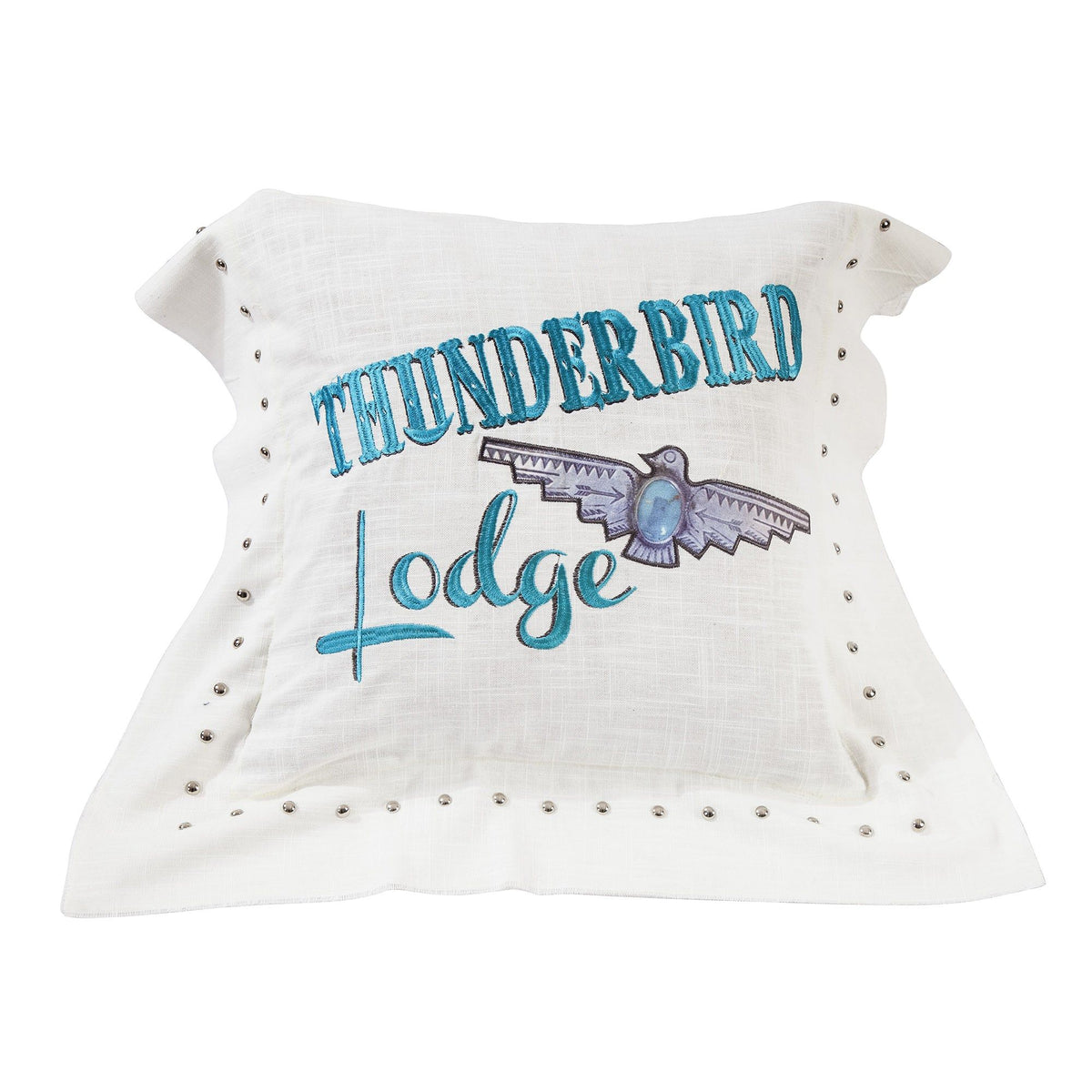 Turquoise Embroidered "Thunderbird Lodge" Linen Pillow, 18" x 18", 1PC