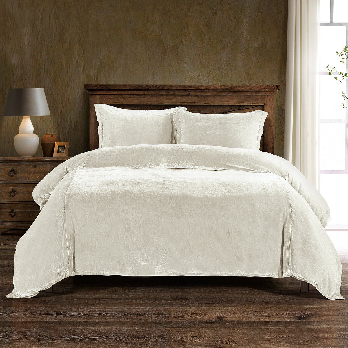 Stella Faux Silk Velvet Duvet Cover Set, Queen, Stone, 3PC