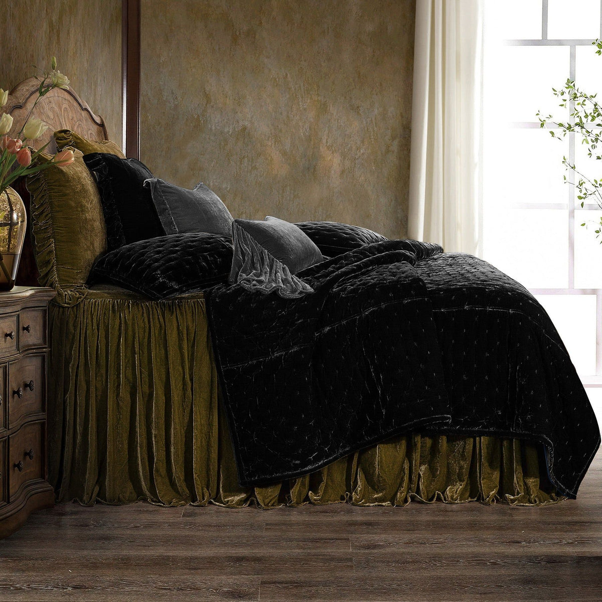 Stella Faux Silk Velvet Bedspread Set, Twin, Green Ochre, 2PC