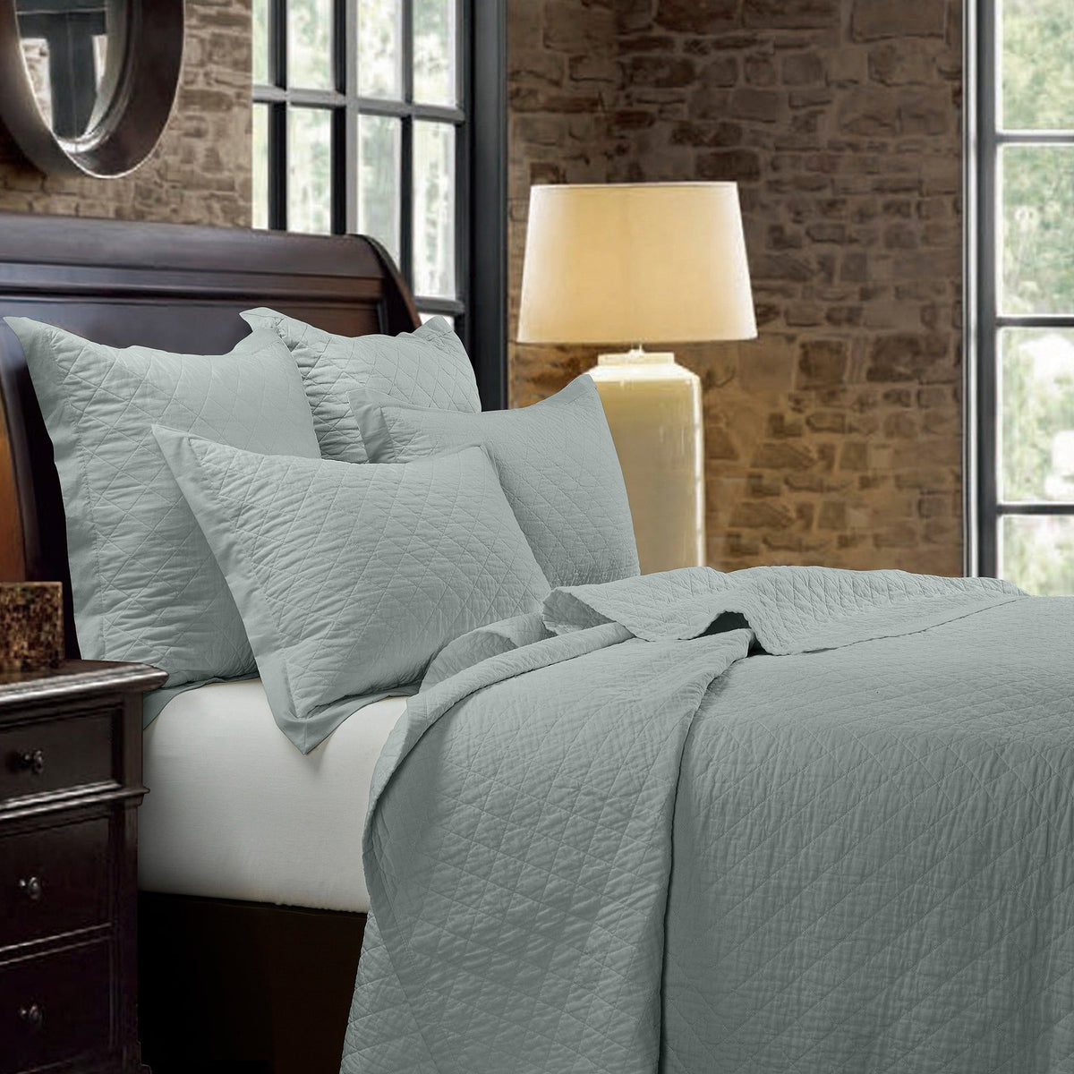 Linen Cotton Diamond Quilt Set, Full/Queen, Seaglass, 3PC