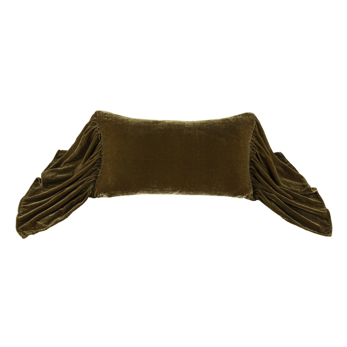Stella Faux Silk Velvet Long Ruffled Pillow, 14" x 26", Green Ochre, 1PC
