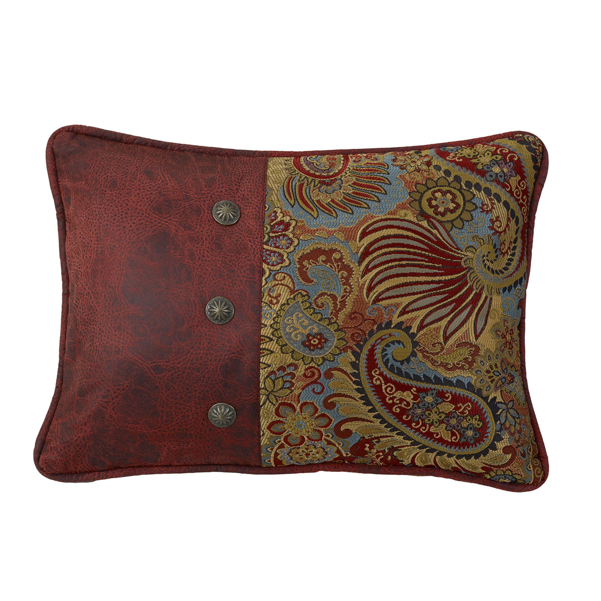 San Angelo Red Faux Leather Side & Concho Paisley Print Pillow, 16" x 21", 1PC