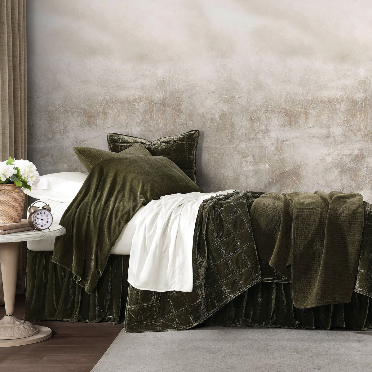 Stella Faux Silk Double Box Stitch Quilt Set, Queen, Fern Green, 3PC