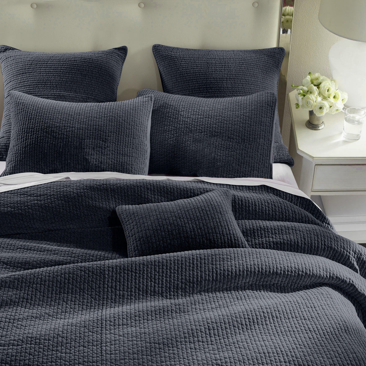 Stonewashed Cotton Velvet Quilt Set, King, Navy, 3PC