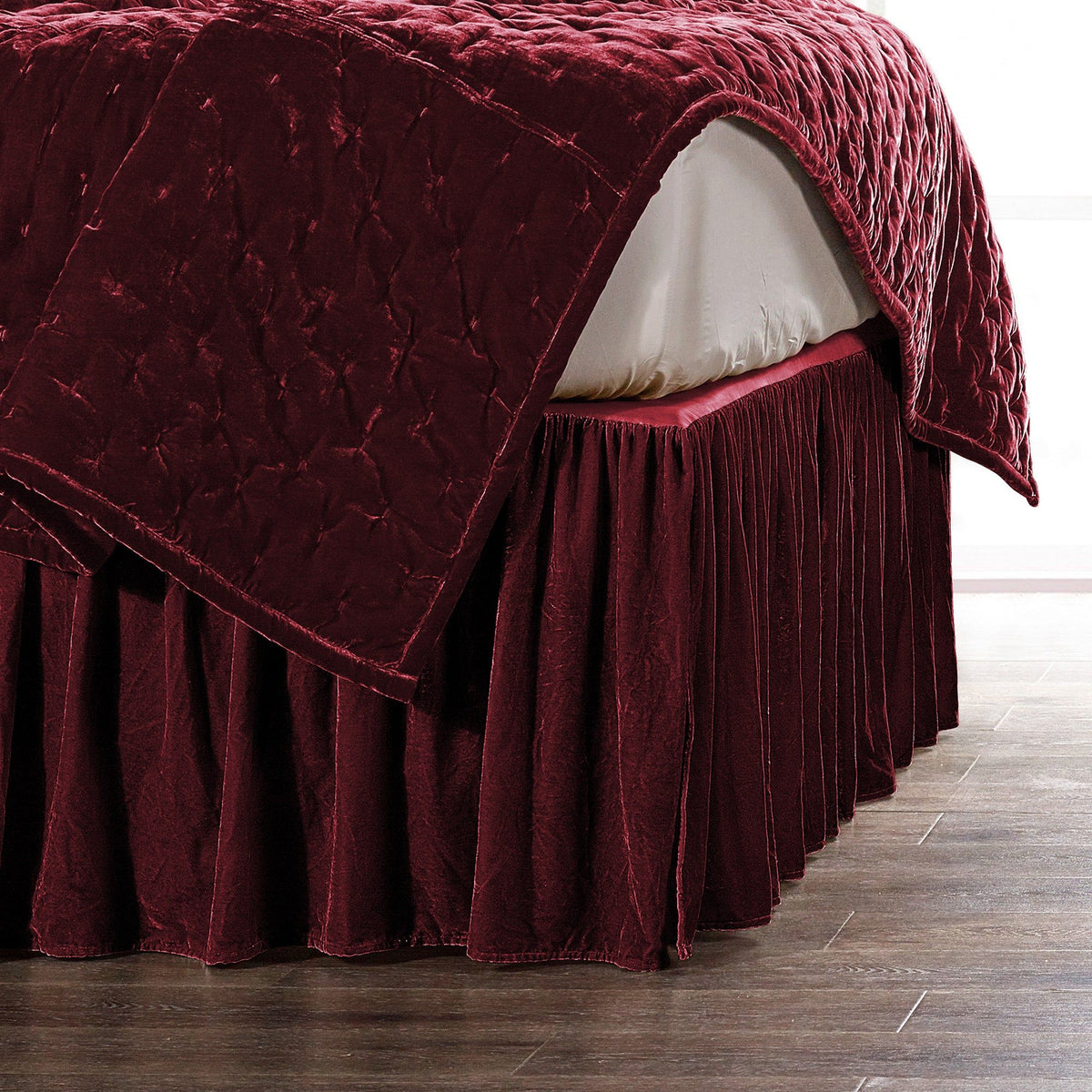 Stella Faux Silk Velvet Bed Skirt, King, Garnet Red, 1PC