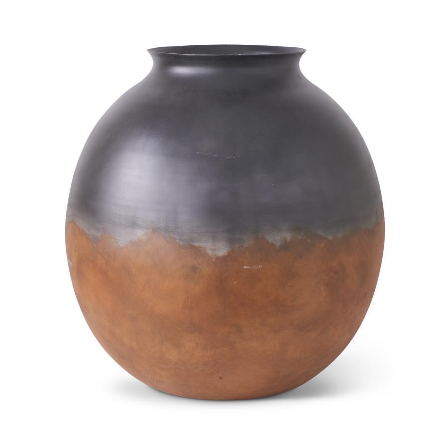 24 Inch Round Black Metal Vase w/Rusty Bottom