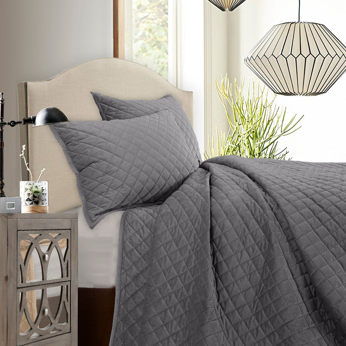 Velvet Diamond Quilt Set, Full/Queen, Gray, 3PC