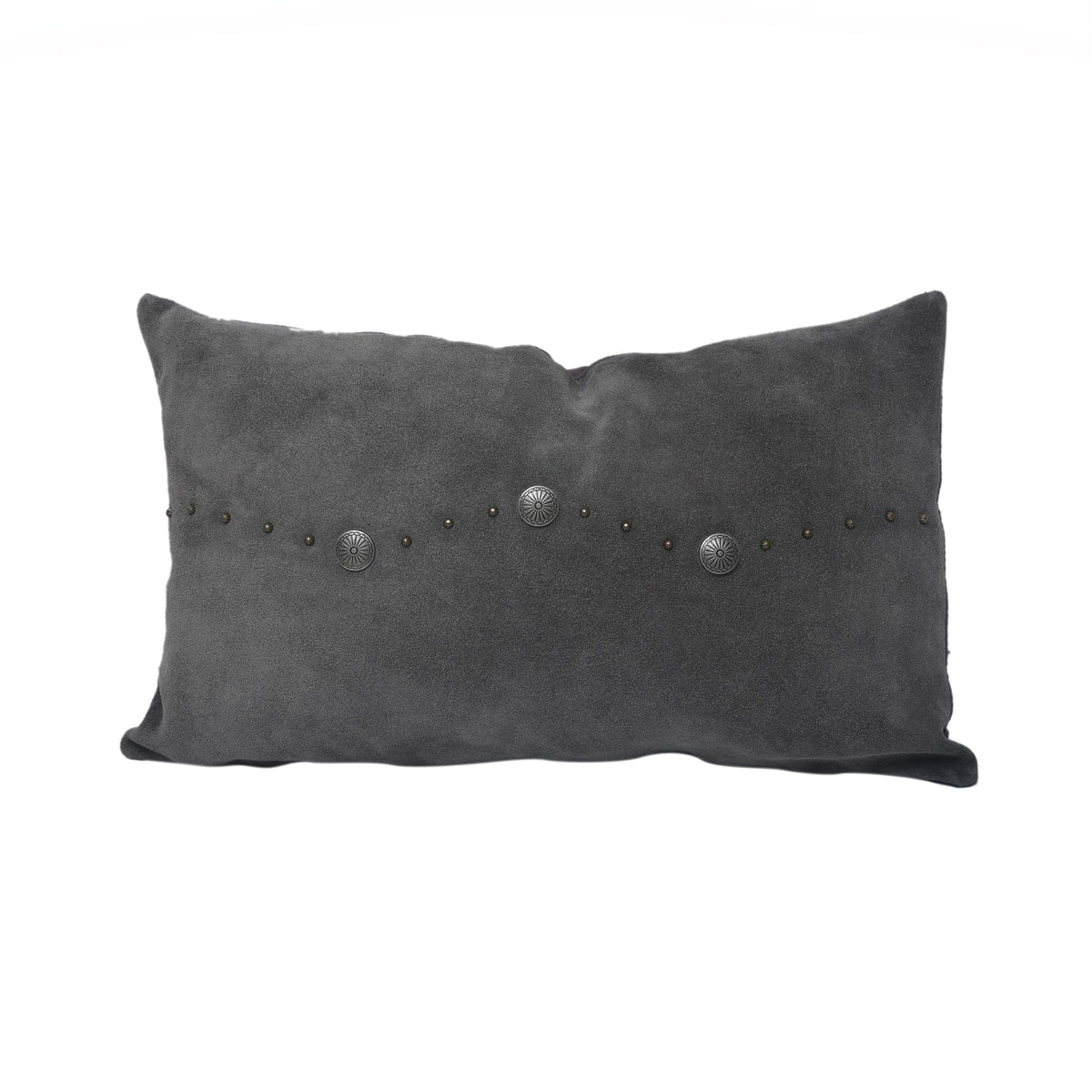 Western Suede Antique Silver Concho & Studded Lumbar Pillow, 12" x 20", Gray, 1PC