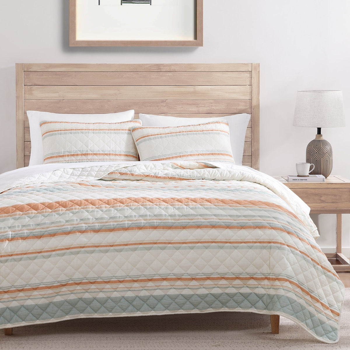 Mystic Stripe Cotton Gauze Quilt Set, King, Coral, 3PC