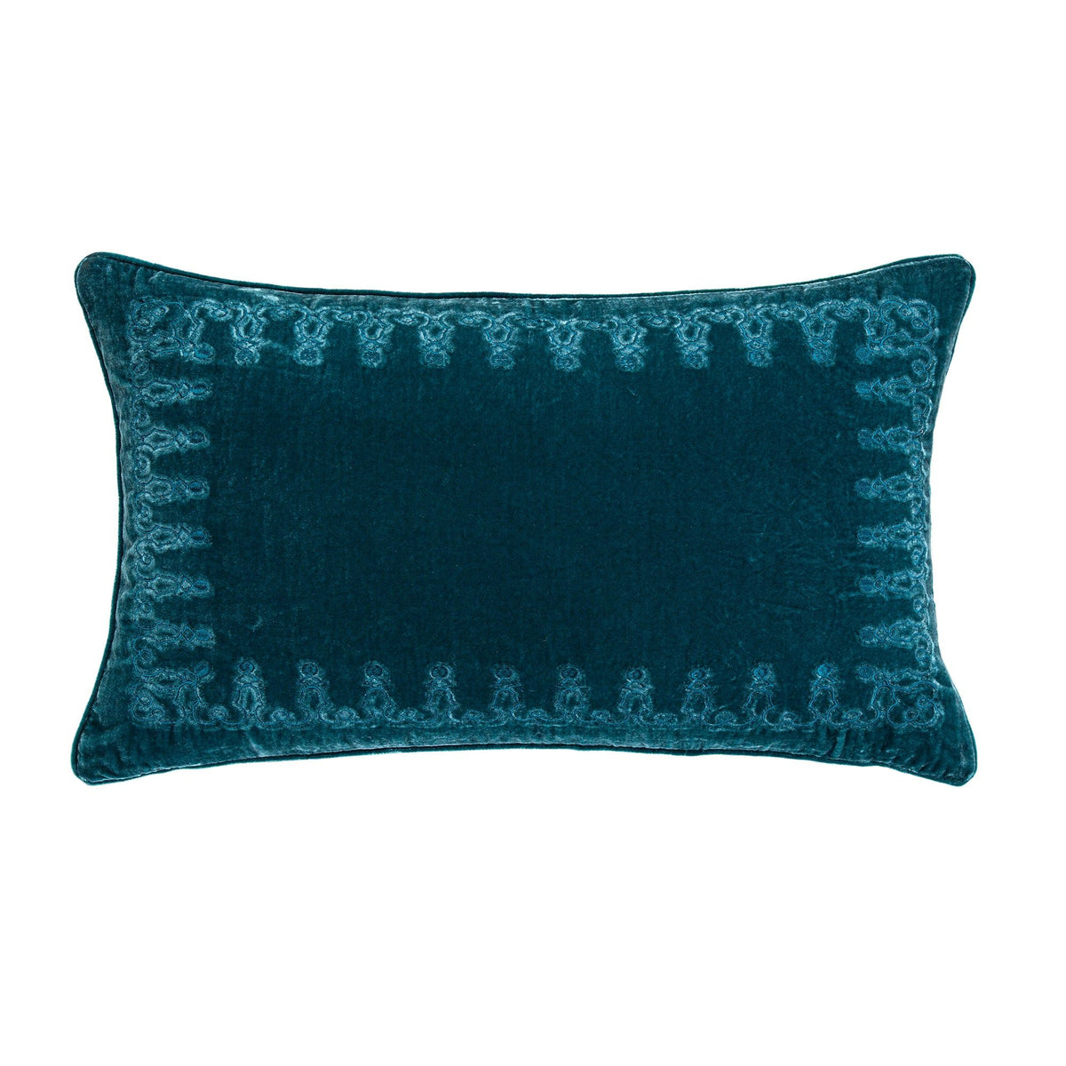 Stella Faux Silk Velvet Embroidered Lumbar Pillow, 14" x 24", Teal, 1PC