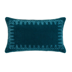 Stella Faux Silk Velvet Embroidered Lumbar Pillow, 14" x 24", Teal, 1PC