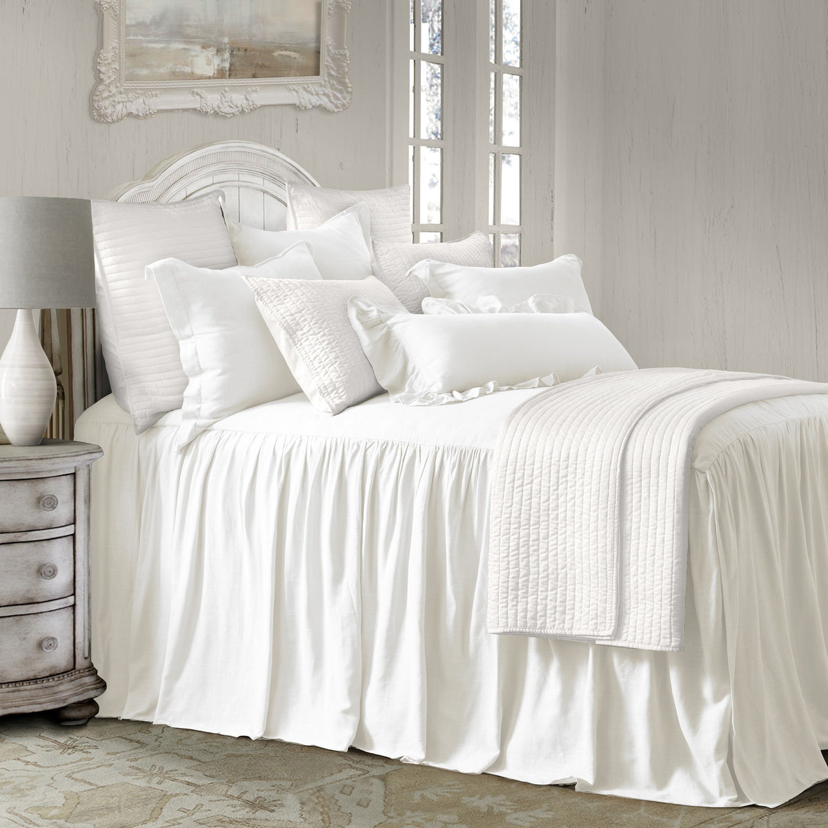 Luna Washed Linen Bedspread Set, Super Queen, White, 3PC