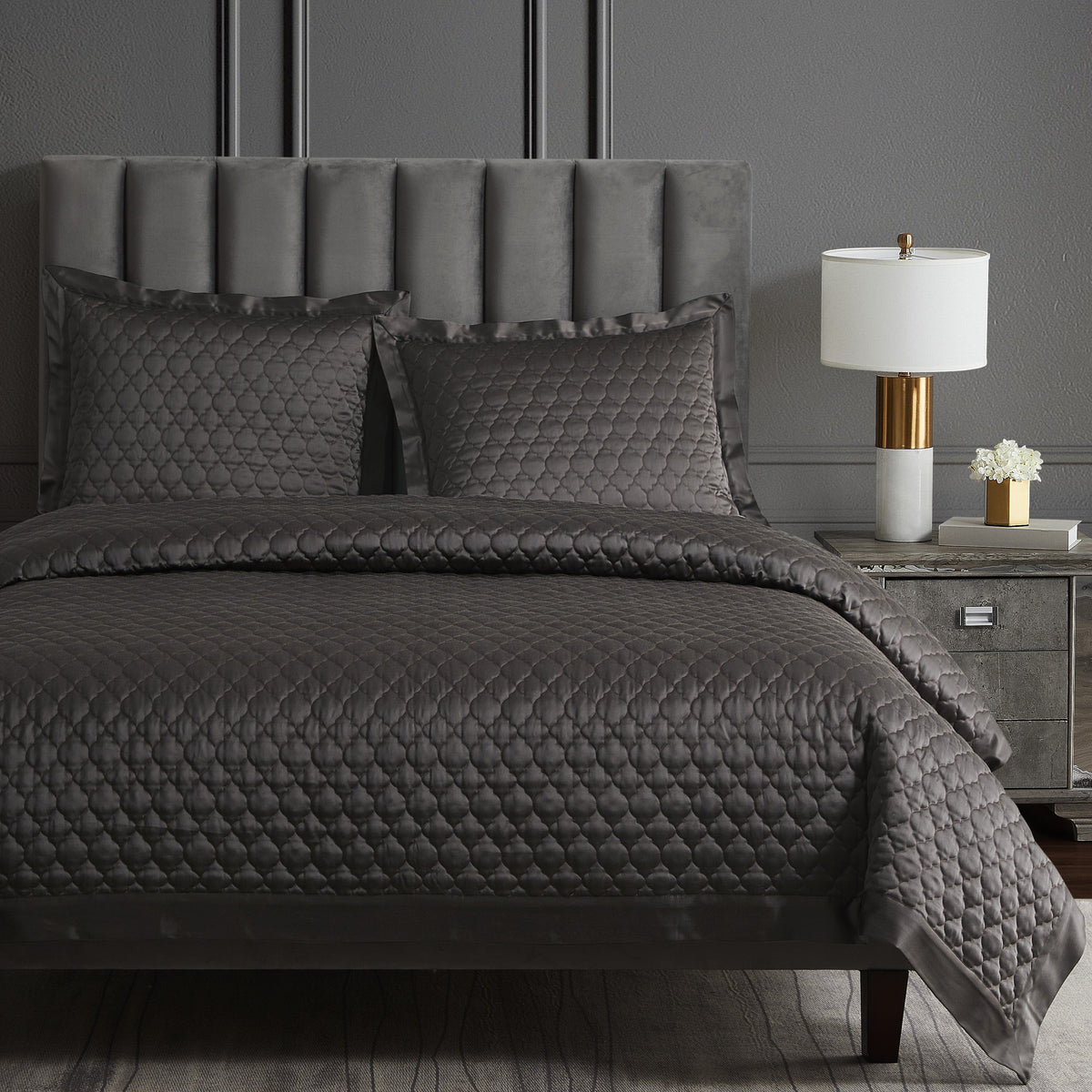 High Shine Satin Quatrefoil Quilt Set, Full/Queen, Espresso, 3PC