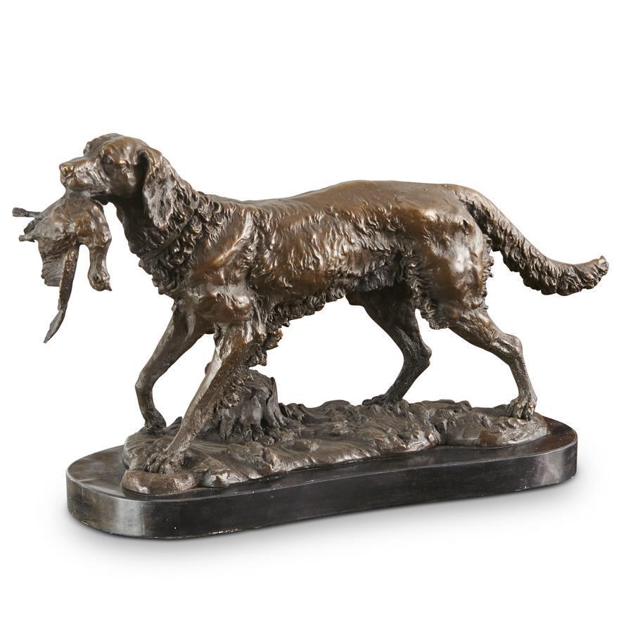 15" Bronze Hunting Dog Holding Bird On Marble Base
