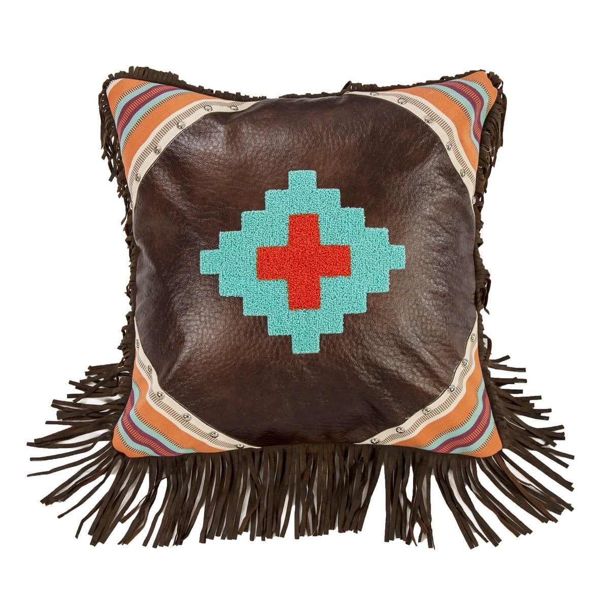 Serape Embroidered Aztec Design Faux Leather Throw Pillow, 18" x 18", 1PC