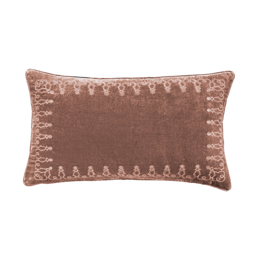 Stella Faux Silk Velvet Embroidered Lumbar Pillow, 14" x 24", Dusty Rose, 1PC