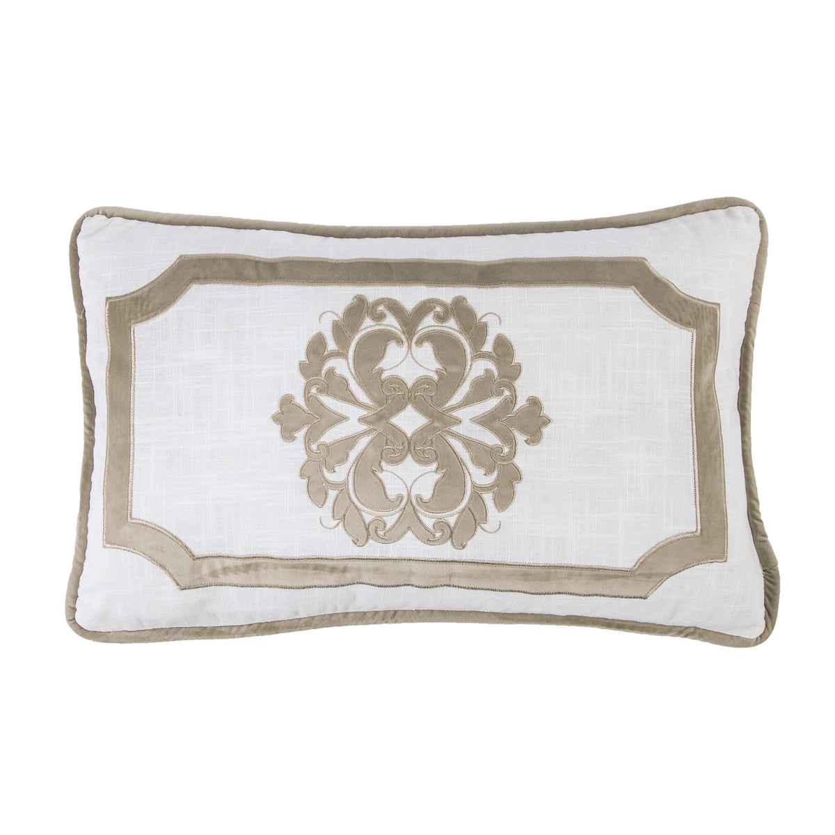 Madison Velvet Embroidered White Oblong Pillow, 16" x 26", Oatmeal, 1PC
