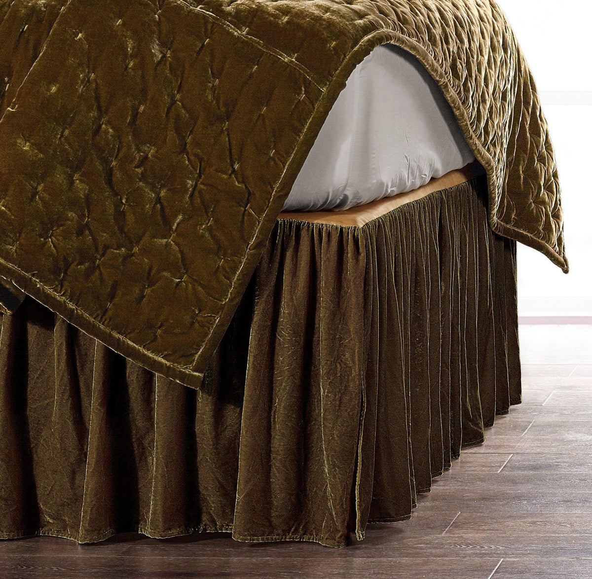 Stella Faux Silk Velvet Bed Skirt, King, Green Ochre, 1PC