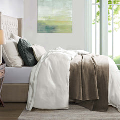 Hera Washed Linen Flange Comforter Set, Super Queen, White, 3PC