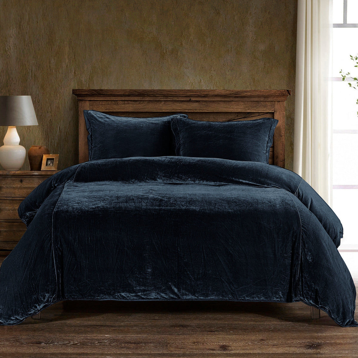 Stella Faux Silk Velvet Duvet Cover Set, Queen, Midnight Blue, 3PC