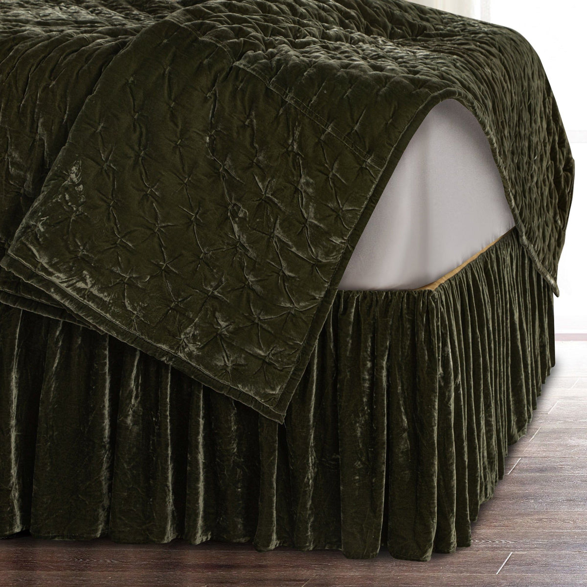 Stella Faux Silk Velvet Bed Skirt, Queen, Fern Green, 1PC