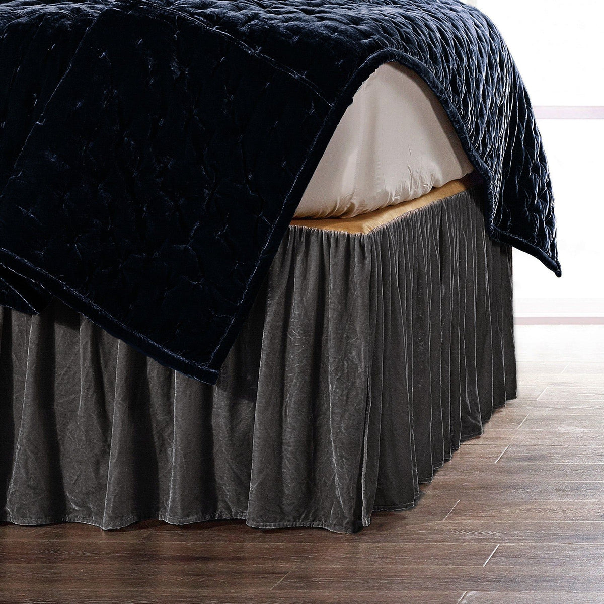 Stella Faux Silk Velvet Bed Skirt, Queen, Dark Slate, 1PC