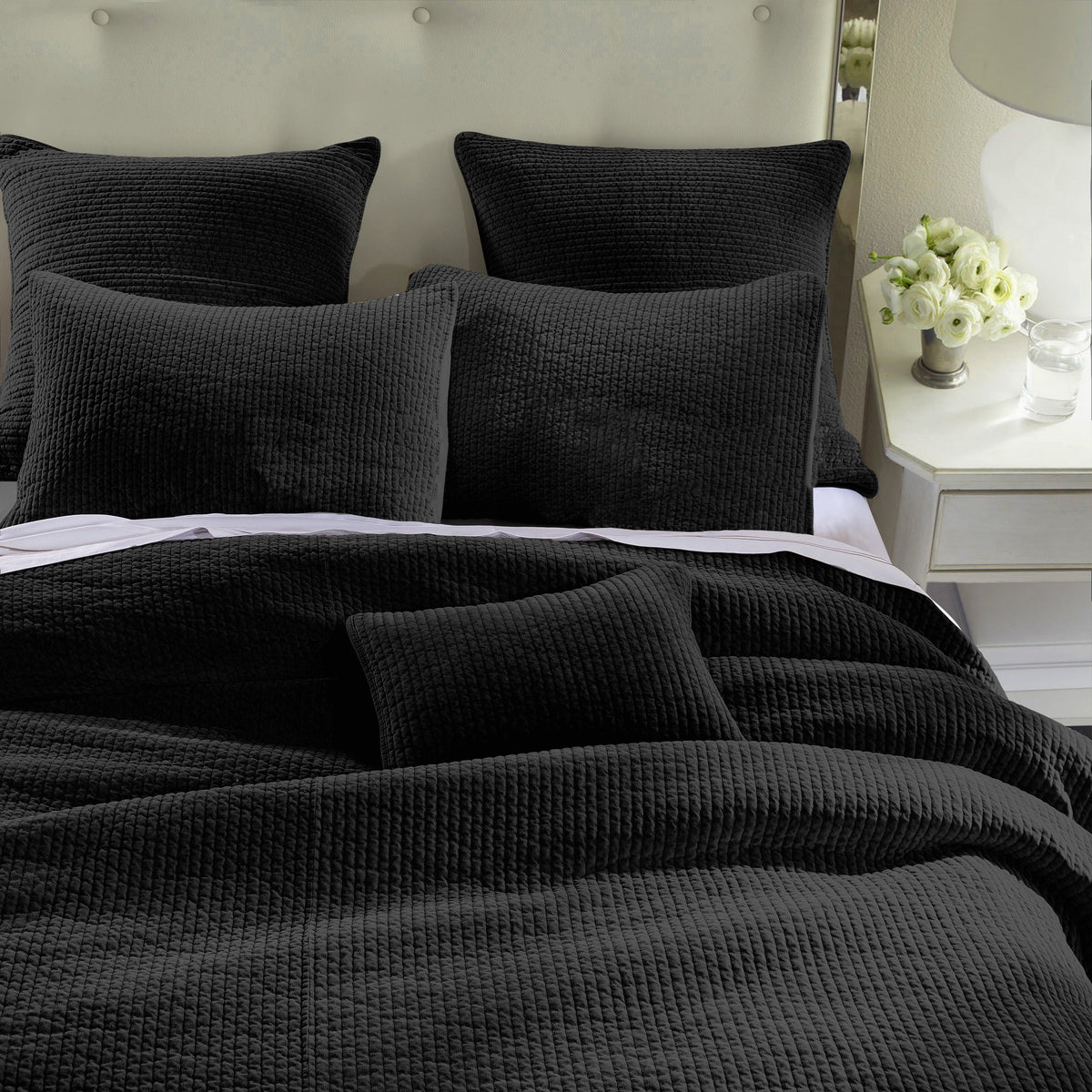 Stonewashed Cotton Velvet Quilt Set, Full/Queen, Black, 3PC