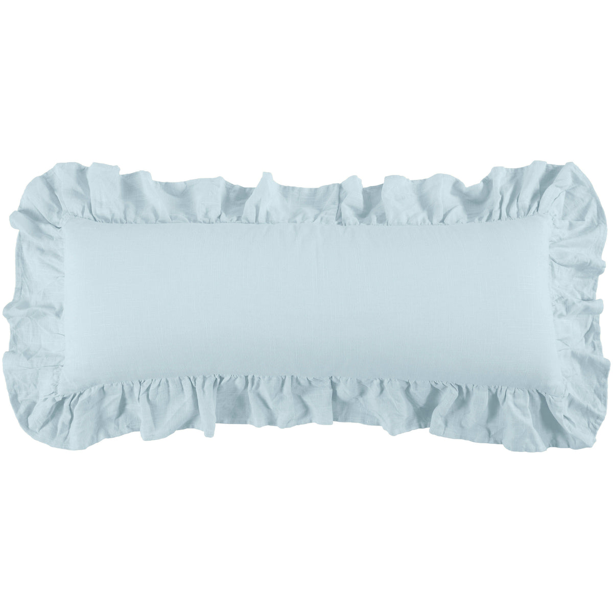 Luna Washed Linen Ruffled Lumbar Pillow, 14" x 36", Light Blue, 1PC