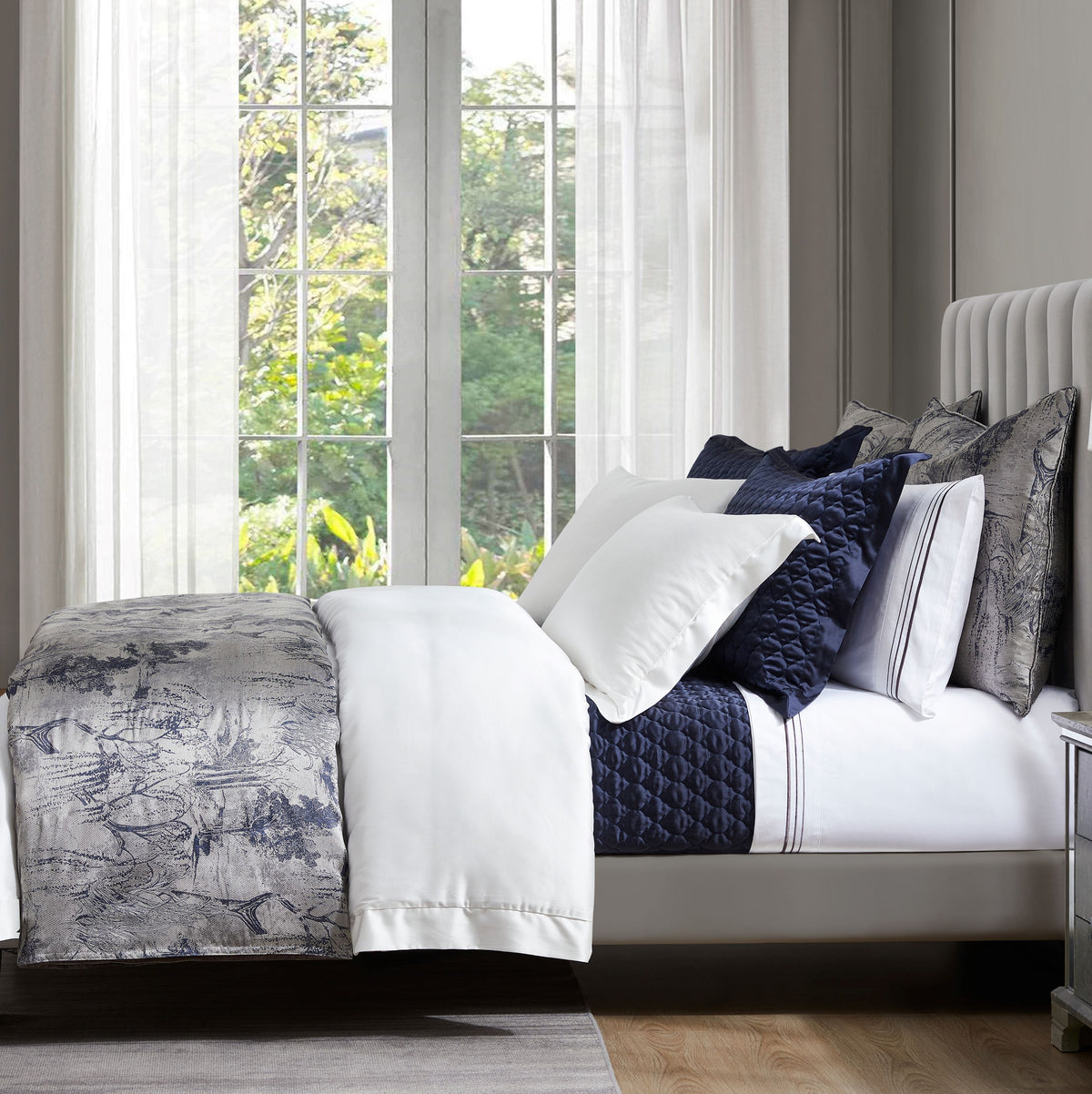 High Shine Satin Quatrefoil Quilt Set, Full/Queen, Navy, 3PC
