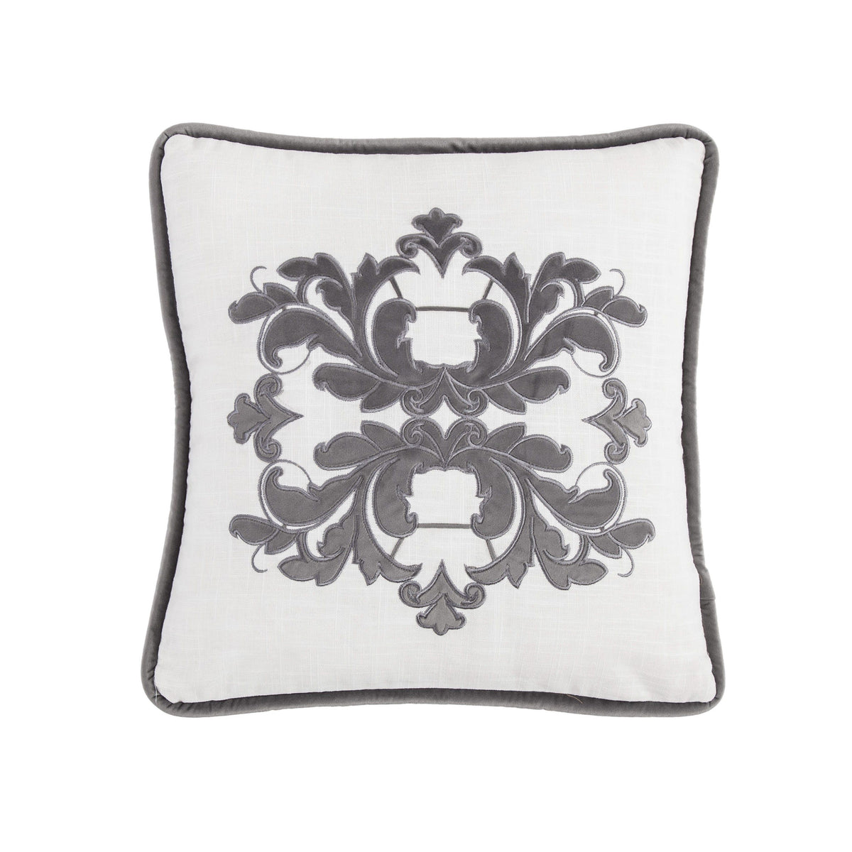 Madison Velvet Embroidered White Square Pillow, 18" x 18", Gray, 1PC