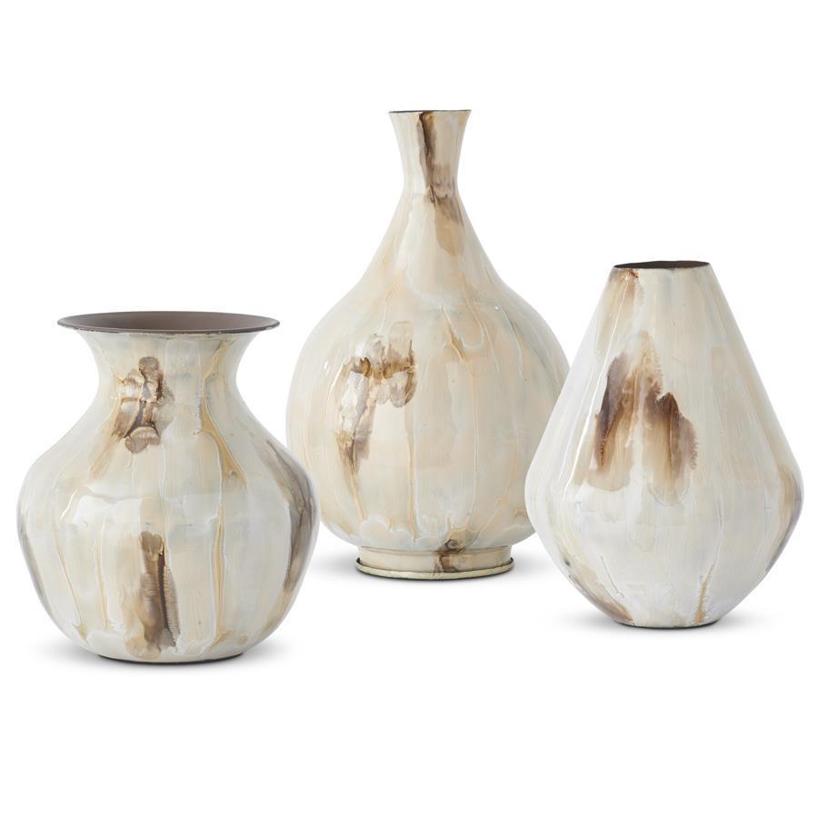 Set of 3 Cream & Brown Enameled Metal Vases