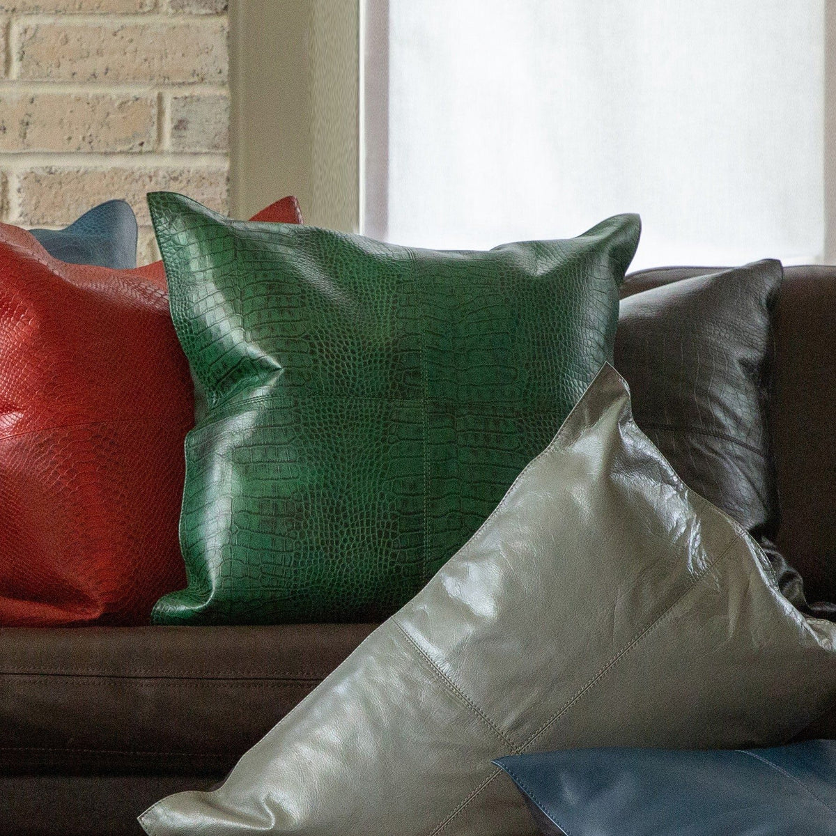 Genuine Leather Embossed Emerald Croc Pillow, 20" x 20", 1PC