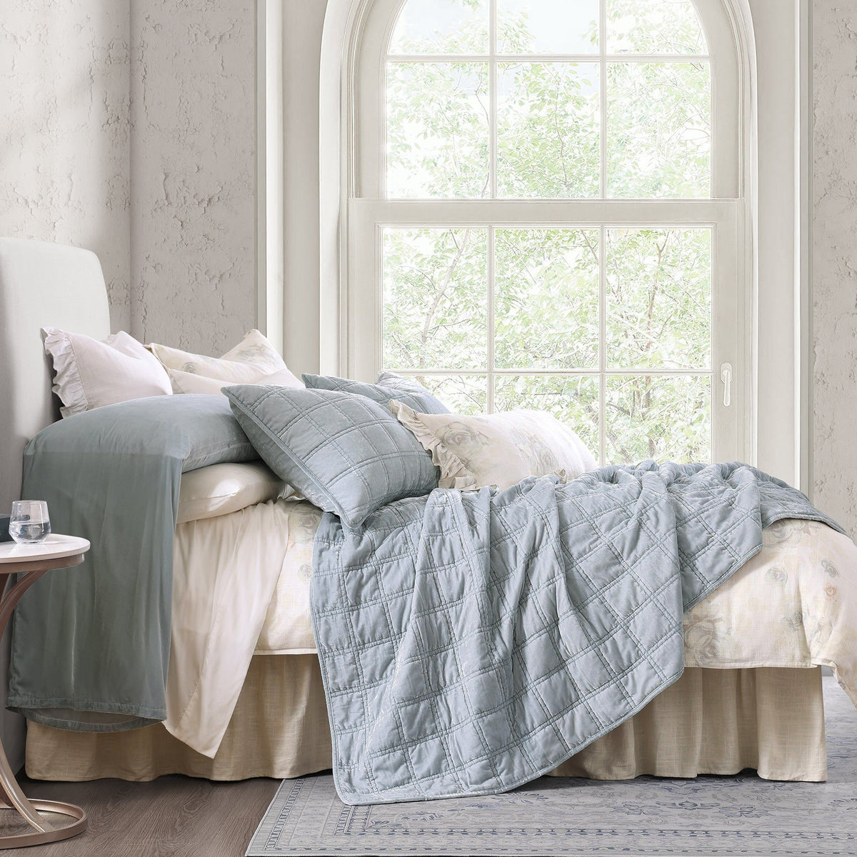 Stella Faux Silk Double Box Stitch Quilt Set, Queen, Icy Blue, 3PC