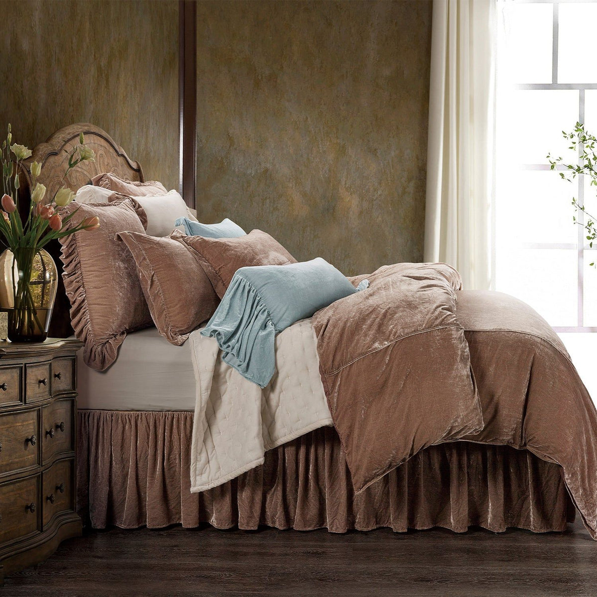 Stella Faux Silk Velvet Duvet Cover Set, King, Dusty Rose, 3PC