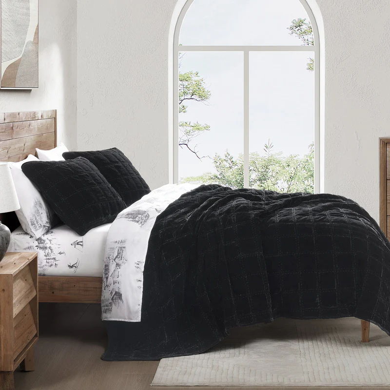 Stella Faux Silk Double Box Stitch Quilt Set, King, Black, 3PC