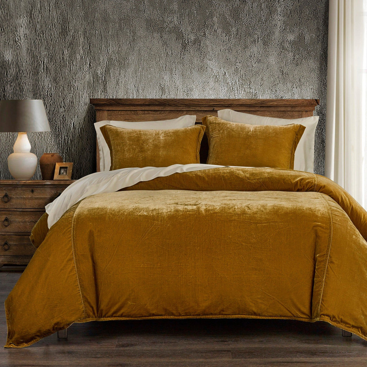 Stella Faux Silk Velvet Duvet Cover Set, King, Saffron, 3PC
