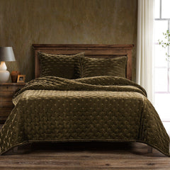 Stella Faux Silk Velvet Quilt Set, Queen, Green Ochre, 3PC