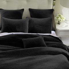 Stonewashed Cotton Velvet Quilt Set, King, Black, 3PC