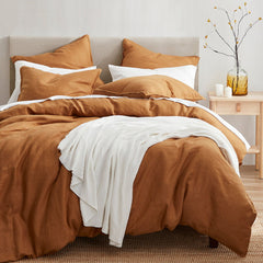 100% French Flax Linen Reversible Duvet Cover Set, Super Queen, Caramel, 3PC