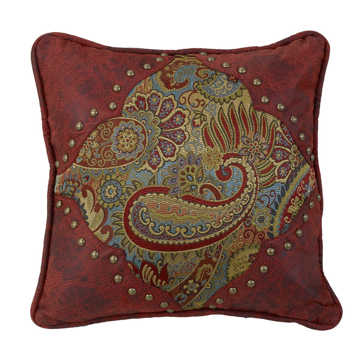 San Angelo Paisley Print Pillow with Red Faux Leather Corners, 18" x 18", 1PC
