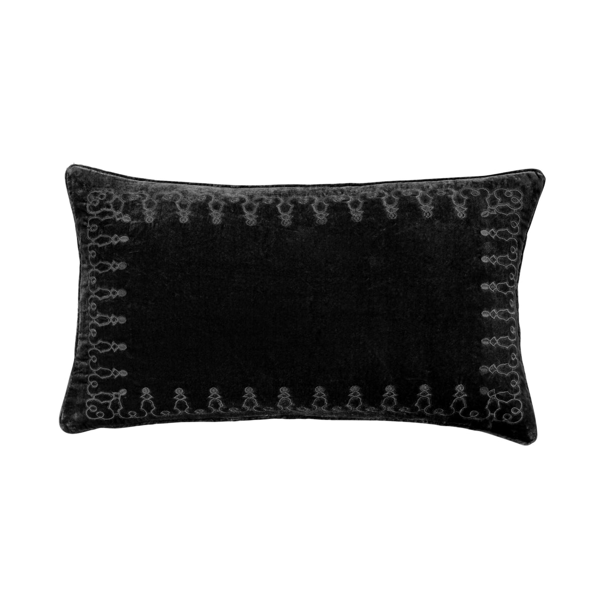 Stella Faux Silk Velvet Embroidered Lumbar Pillow, 14" x 24", Black, 1PC